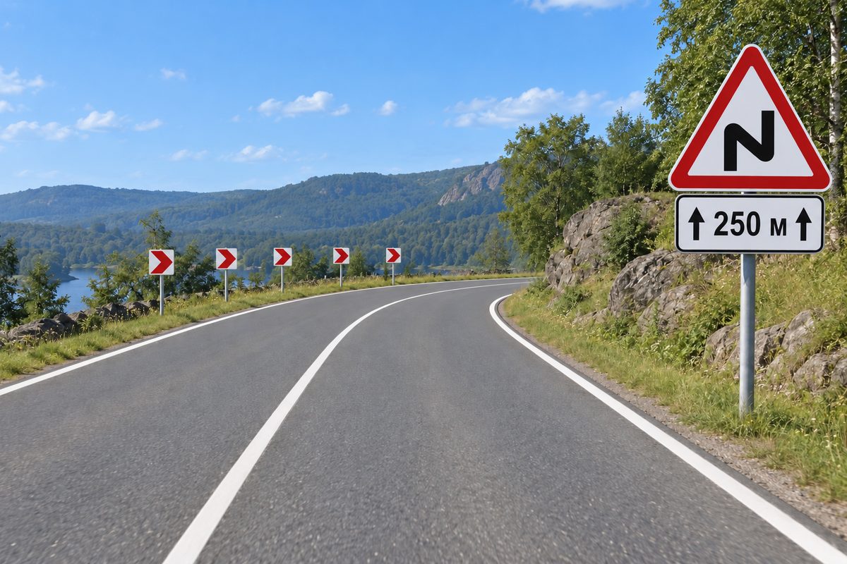 A rural right bend with chevrons and a successive-bends triangle above a plate reading 250 м between two upward arrows.