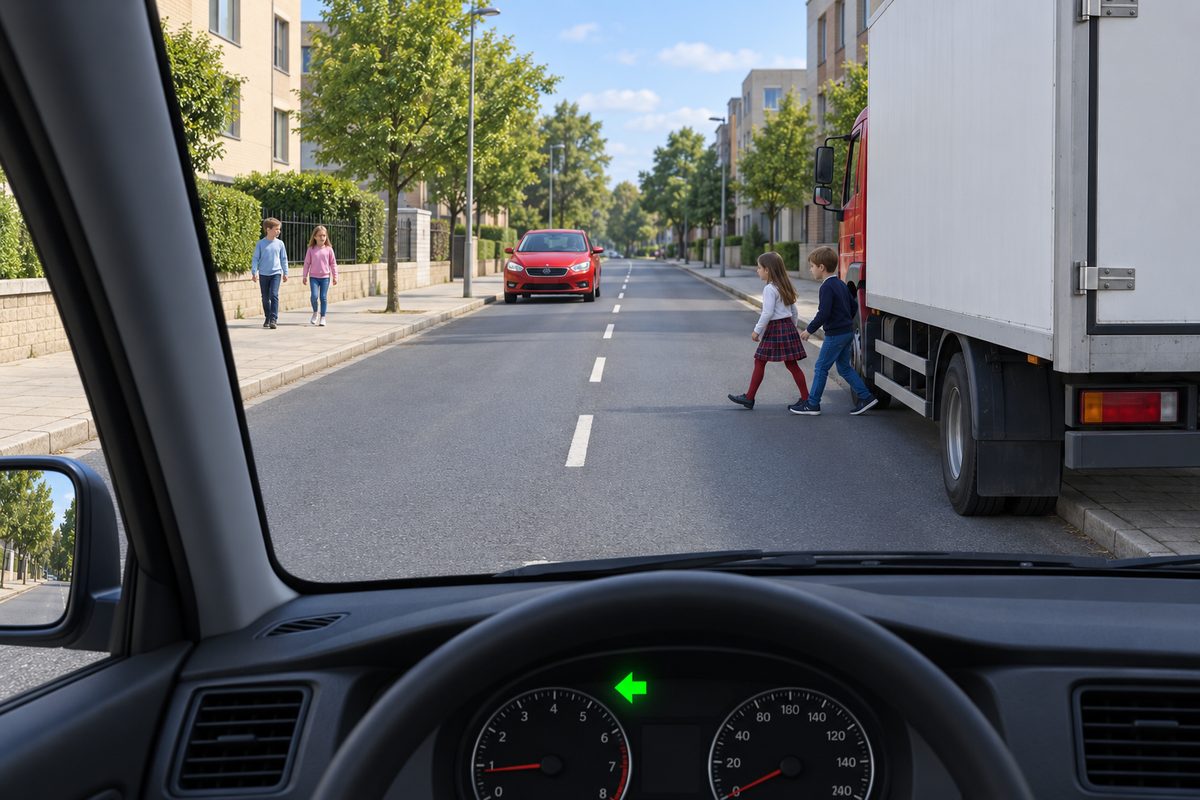 Two children step left beside a white box truck on the right; two more stand on the left sidewalk, a red car faces the viewer, and a green left arrow glows on the dashboard.