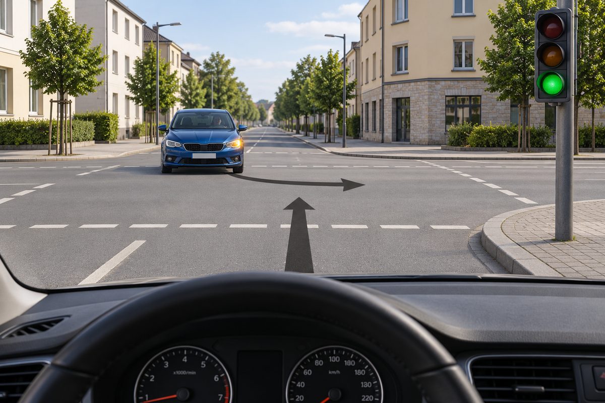 A blue oncoming car indicates left with a curved path toward the right of the image; the viewer has a straight path and green signal.