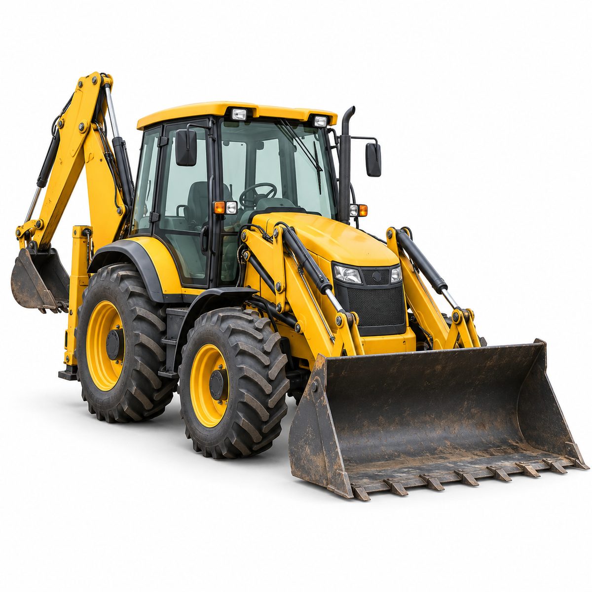 Yellow agricultural vehicle with rubber tyres and loader equipment.